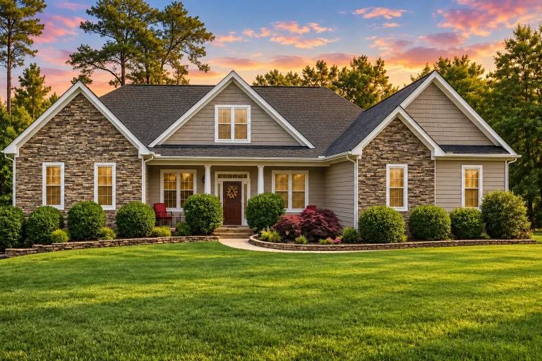 Front exterior view of a Traditional Ranch Craftsman style home with stone veneer, horizontal siding, gabled rooflines, and covered front porch
