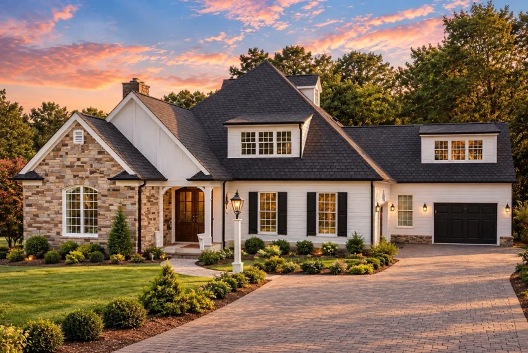 Front elevation of a New American Modern Traditional house with stone veneer, lap siding, dormer windows, and a covered entry porch