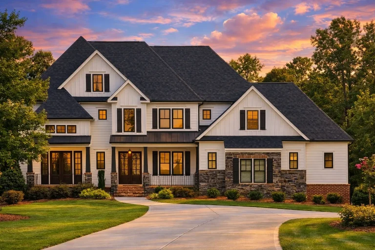 Front elevation of a New American style home featuring painted brick exterior, classic shutters, symmetrical windows, and a welcoming covered entry