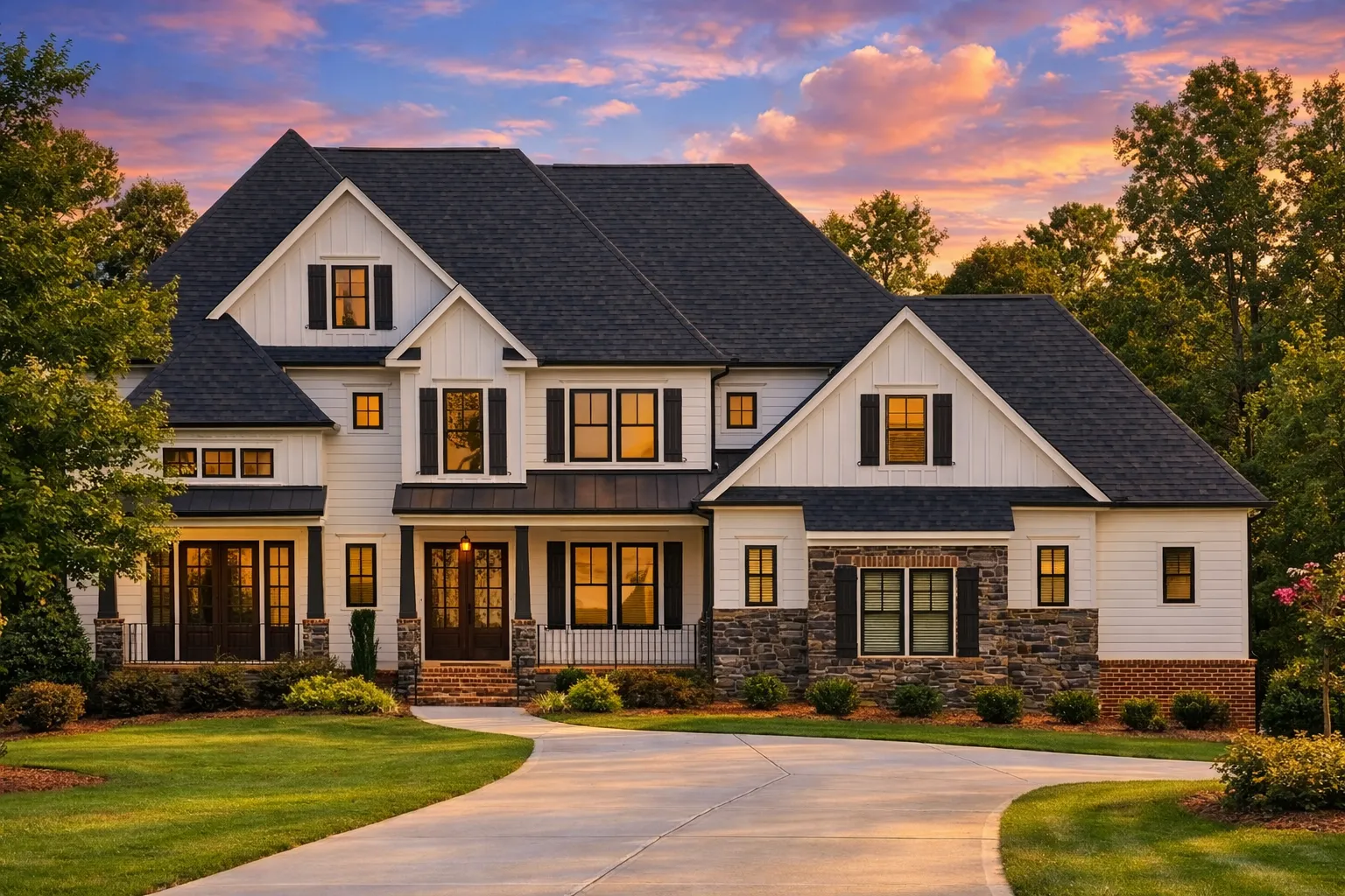 House Plans with Breezeway 1 Front elevation of a New American style home featuring painted brick exterior, classic shutters, symmetrical windows, and a welcoming covered entry