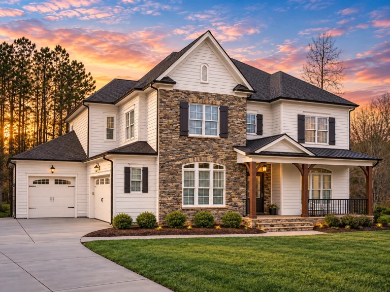 Front elevation of a New American Modern Traditional house featuring stone veneer, horizontal siding, black shutters, and a symmetrical Colonial-inspired façade