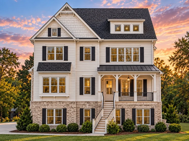 Front elevation of a Traditional Colonial New American style home featuring horizontal siding, stone foundation, steep gabled roof, and covered front porch
