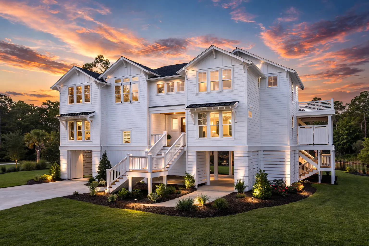 Front elevation of a New American traditional duplex house featuring horizontal siding, stone veneer base, symmetrical gables, and raised garage level