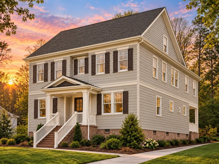 Front elevation of a Colonial style home with symmetrical windows, horizontal siding, shingle upper exterior, and centered entry porch