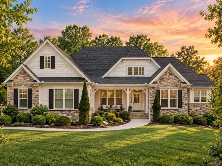 Georgian House Plans 18 Front elevation of traditional brick suburban home with stone accents, gabled rooflines, shutters, and manicured landscaping