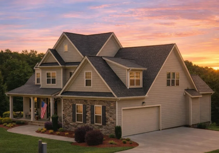 Front elevation of New American Traditional house with stone veneer, horizontal lap siding, gabled rooflines, and covered porch