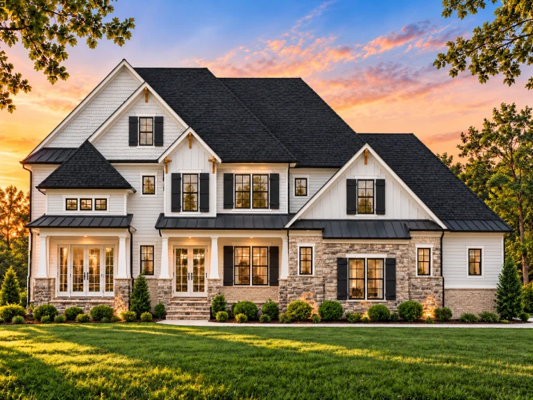 Front elevation of a New American style home featuring painted brick exterior, classic shutters, symmetrical windows, and a welcoming covered entry
