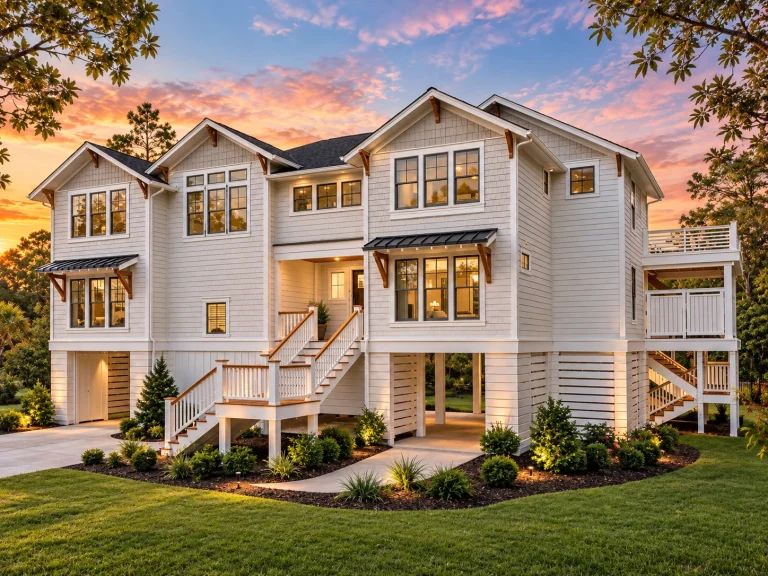 Front elevation of a New American traditional duplex house featuring horizontal siding, stone veneer base, symmetrical gables, and raised garage level