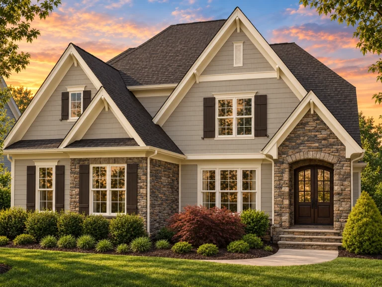 House Plans with Spacious Laundry Room 2 Front exterior view of a New American modern traditional home featuring stone accents, horizontal siding, gabled rooflines, and an arched entry