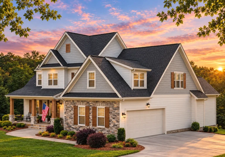 Top Designer-Approved House Plans 20 Front elevation of New American Traditional house with stone veneer, horizontal lap siding, gabled rooflines, and covered porch