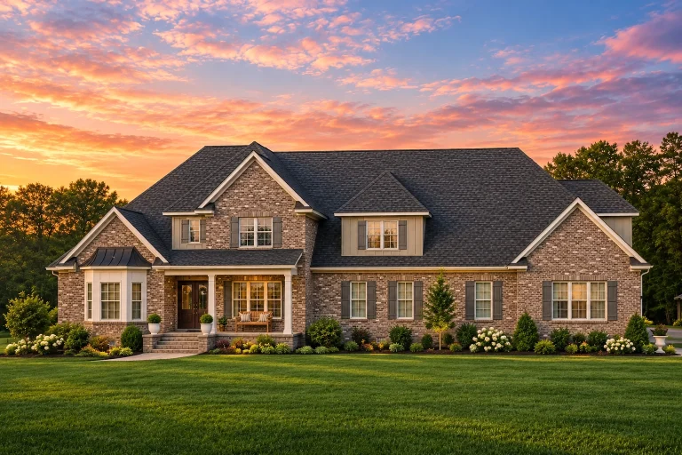 Front elevation of a Traditional Colonial New American style home with red brick exterior, multi-gabled roof, and balanced window layout