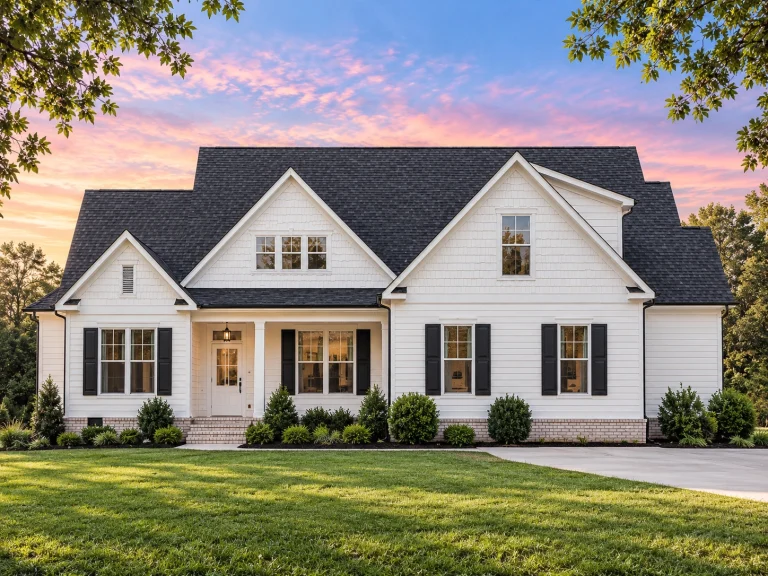 Front elevation of a New American modern traditional house with symmetrical gabled rooflines, horizontal siding, and classic suburban curb appeal