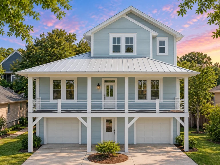 Front elevation of a Coastal Low Country style home with elevated living, horizontal lap siding, metal roof, and deep covered porch