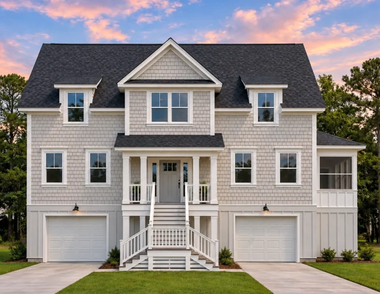 Front elevation of a Modern Farmhouse with board and batten siding, stone foundation, black windows, and dual garage design