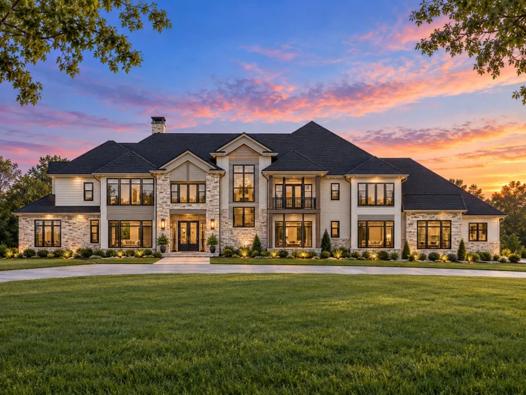 Front elevation of a luxury New American modern traditional house featuring natural stone, horizontal siding, expansive windows, and a grand symmetrical facade