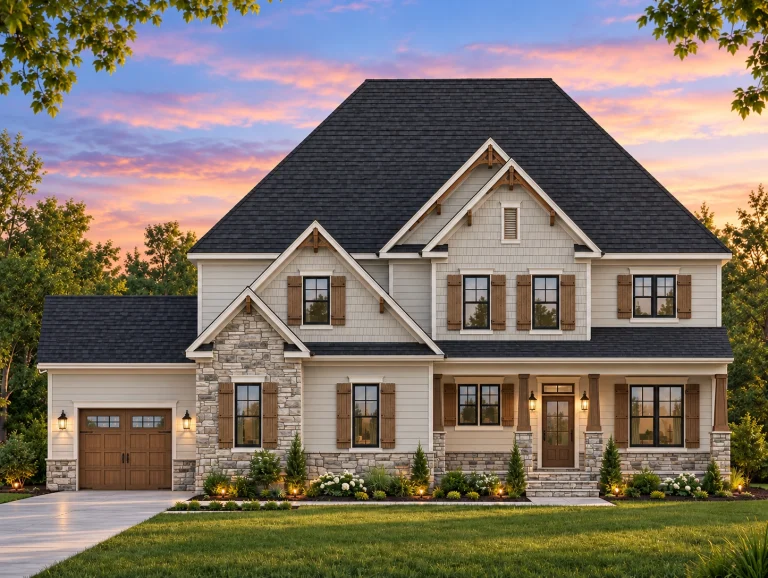 Front elevation of a New American style two-story home with stone accents, horizontal siding, symmetrical windows, and covered front porch