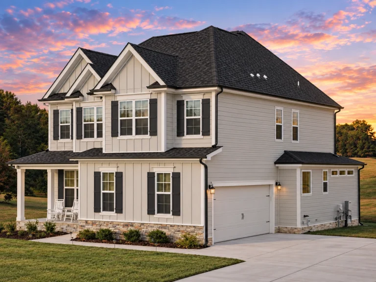 House Plans with Second Floor Laundry Room 1 Front elevation of a New American modern traditional style home with horizontal siding, board and batten details, covered porch, and symmetrical windows