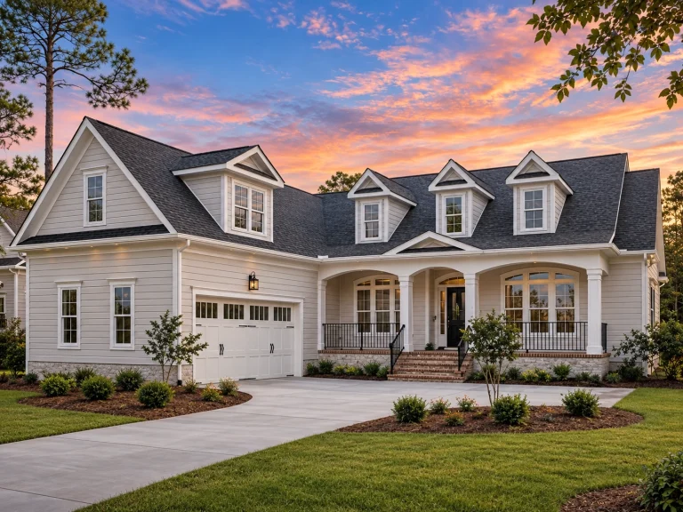 Front exterior of a New American Modern Traditional style house featuring horizontal siding, board and batten accents, gabled rooflines, and a welcoming covered front porch