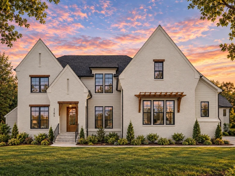 Adobe House Plans 4 Front elevation of a Modern Farmhouse style home featuring white stucco exterior, board and batten accents, steep gabled rooflines, and black-framed windows