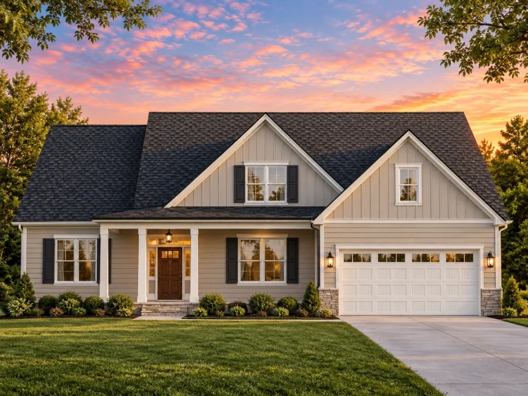 Front elevation of a Modern Farmhouse style home featuring board and batten siding, gabled rooflines, black window accents, and a welcoming covered front porch