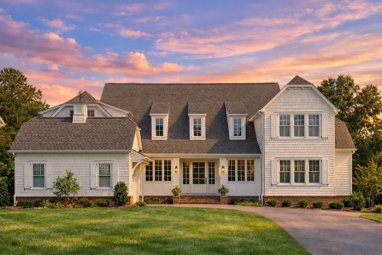 Front elevation of a Traditional Colonial style home featuring brick exterior, stone accents, symmetrical windows, and central entry