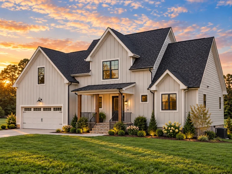 Transitional Ranch House Plans 23 Front view of a Modern Farmhouse featuring board and batten siding, covered porch, and front-entry garage design.