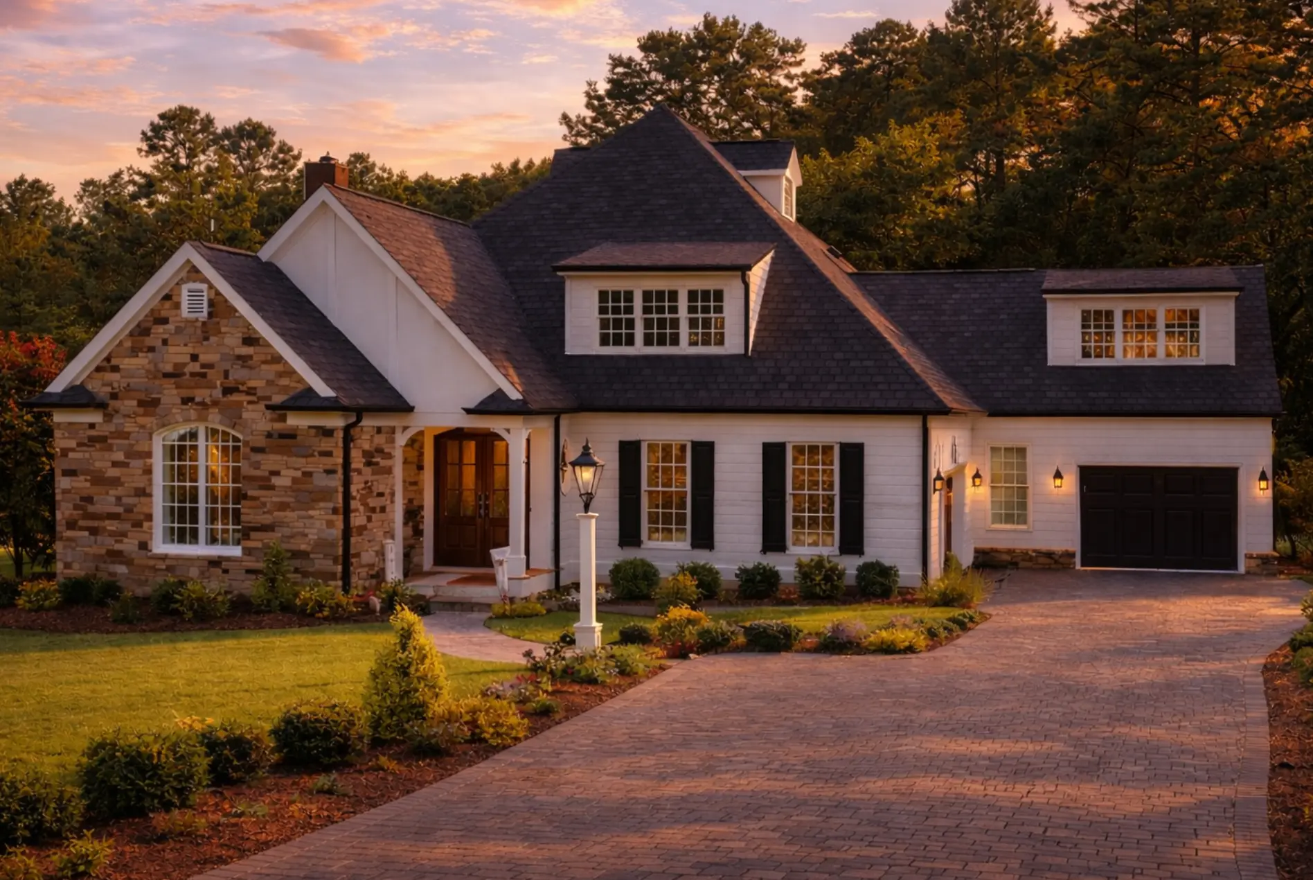 Front elevation of a New American Modern Traditional house with stone veneer, lap siding, dormer windows, and a covered entry porch