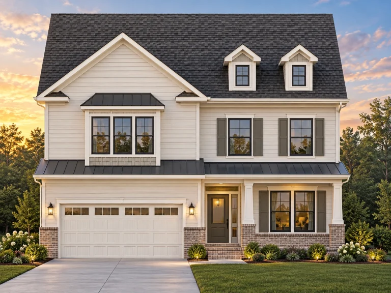 Front view of a two-story Traditional Colonial home featuring horizontal siding, shingle accents, and stone detailing with symmetrical windows and a double garage.