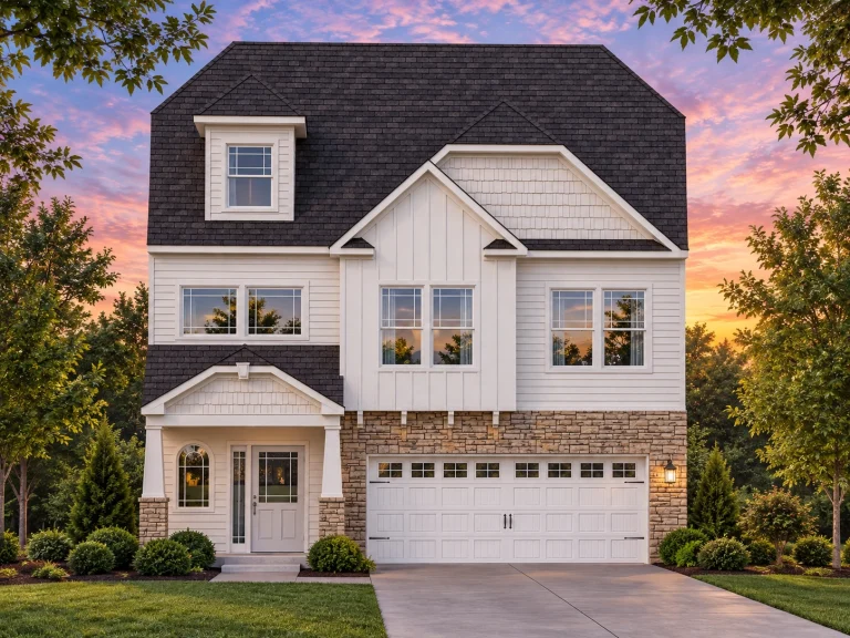 Classical House Plans 4 Front elevation of a New American modern traditional house with horizontal siding, shingle gable accents, and a two-car front entry garage