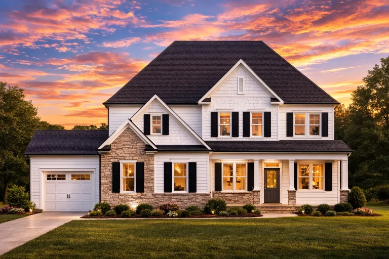 Front elevation of a New American style two-story home with stone accents, horizontal siding, symmetrical windows, and covered front porch