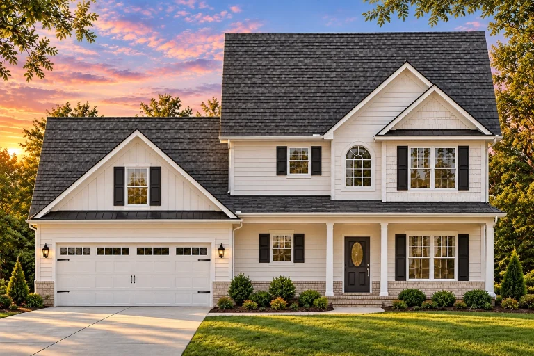 Front elevation of a Traditional Colonial two-story home featuring horizontal siding, stone accents, black shutters, and a welcoming covered porch entry