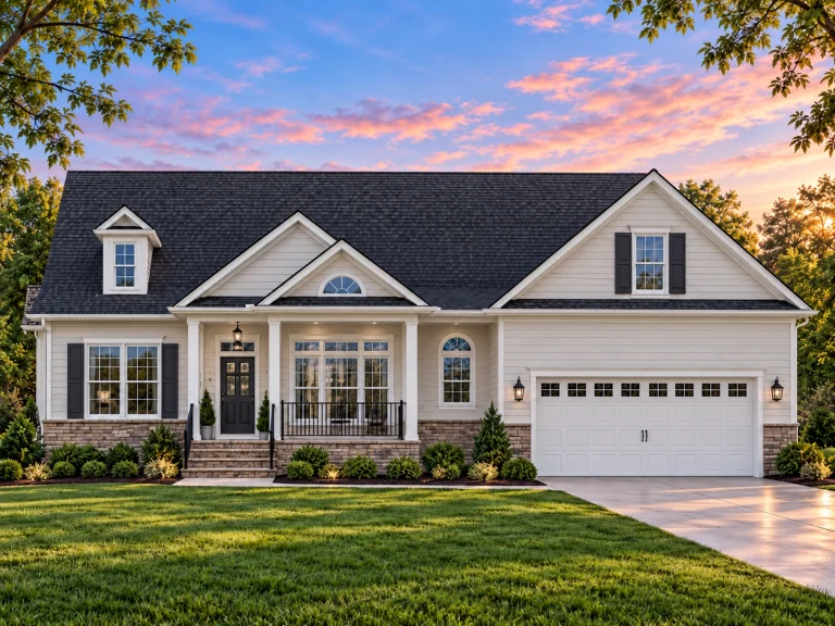 Triplex House Plans 24 Front view of a Traditional Colonial style home featuring beige siding, stone base accents, black shutters, and a welcoming covered front porch entry