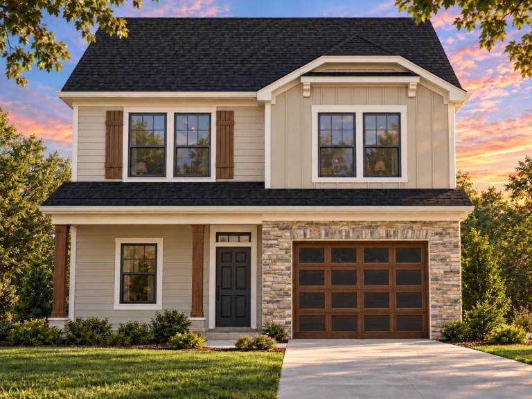 Triplex House Plans 21 Front elevation of a Traditional New American style home featuring horizontal siding, board and batten accents, stone column bases, and a front-entry garage.