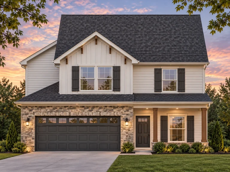 Triplex House Plans 20 Front view of a Traditional Colonial style home featuring stone accents, horizontal siding, board and batten gable detailing, and brown shutters for a timeless American look