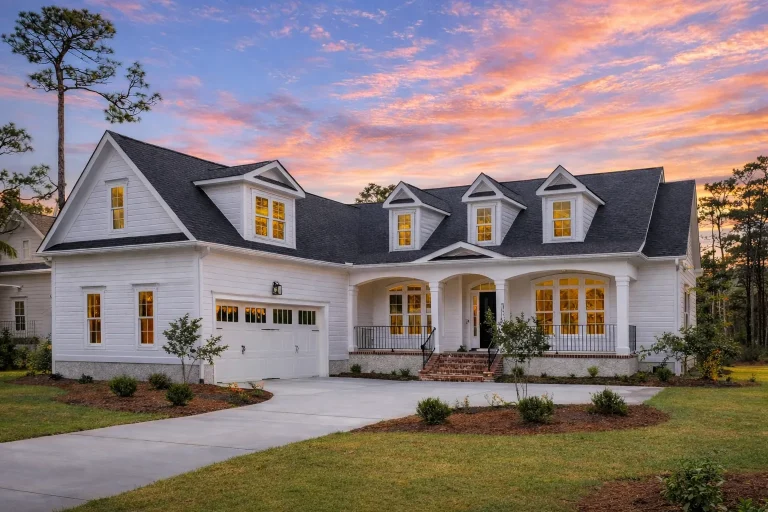 Front exterior of a New American Modern Traditional style house featuring horizontal siding, board and batten accents, gabled rooflines, and a welcoming covered front porch