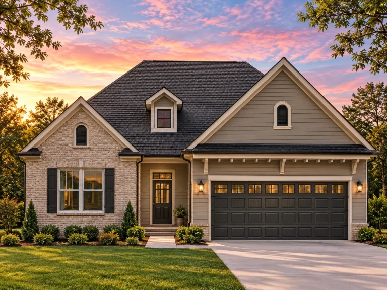 Front elevation of a Traditional Suburban style home featuring brick and horizontal siding, gabled rooflines, and a two-car front-entry garage