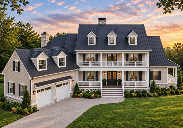 House Plans with Bedrooms on Upper Floor 15 Front elevation of a Traditional Colonial style home with symmetrical design, horizontal siding, brick foundation, dormer windows, and a wide covered front porch