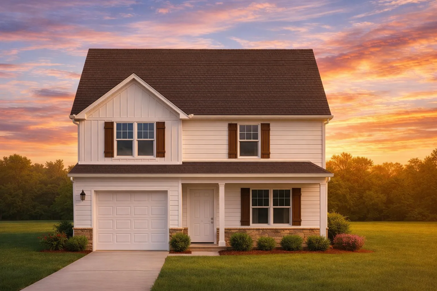 Front view of a Traditional Colonial style home featuring stone accents, horizontal siding, board and batten gable detailing, and brown shutters for a timeless American look