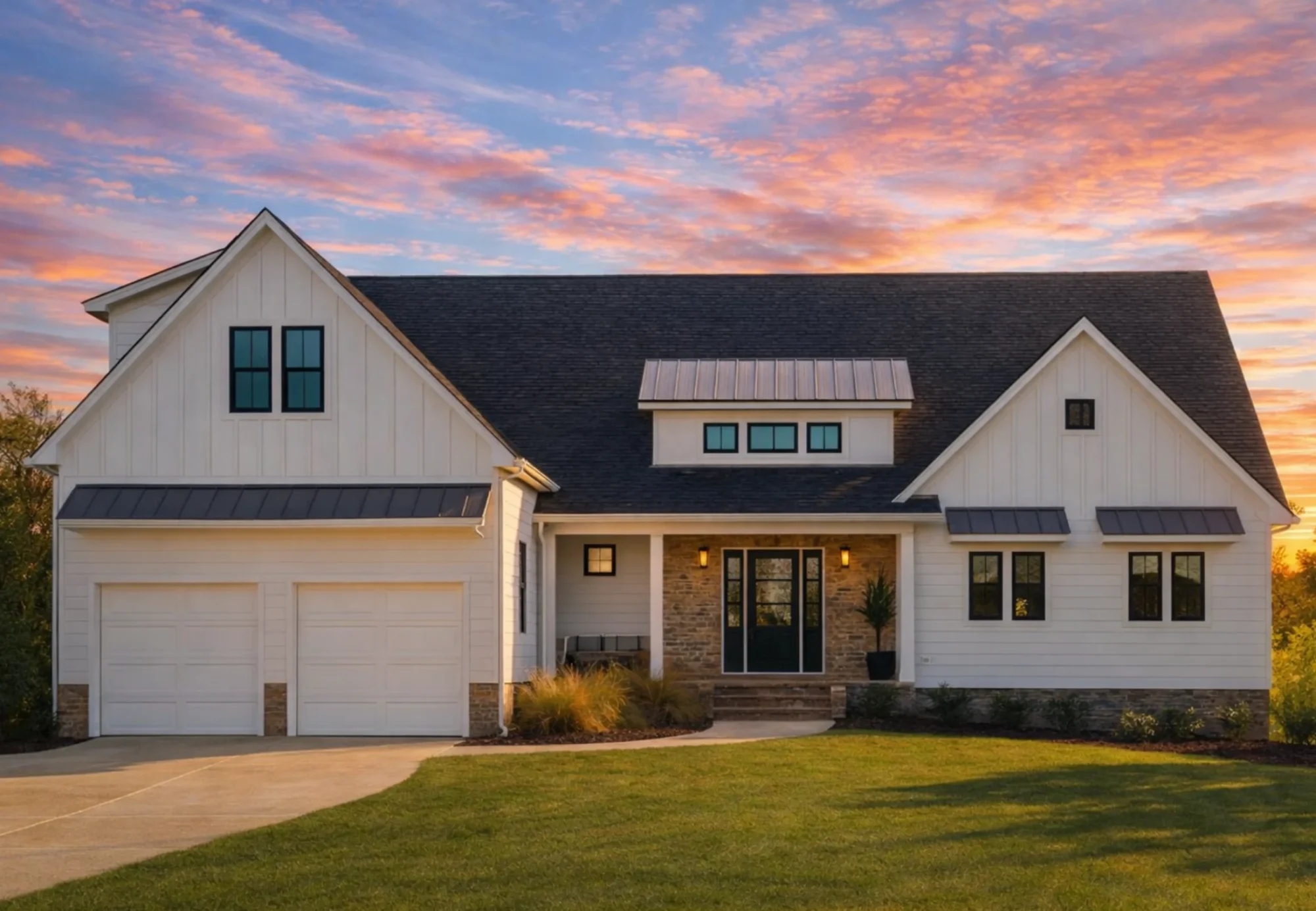 Front exterior of a Modern Farmhouse New American style home featuring board and batten siding, stone accents, gabled rooflines, and an attached garage