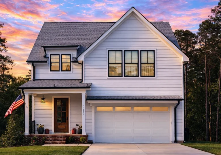 Front elevation of a Modern Farmhouse style home featuring white horizontal lap siding, black windows, a two-car garage, and a covered front porch with natural wood door