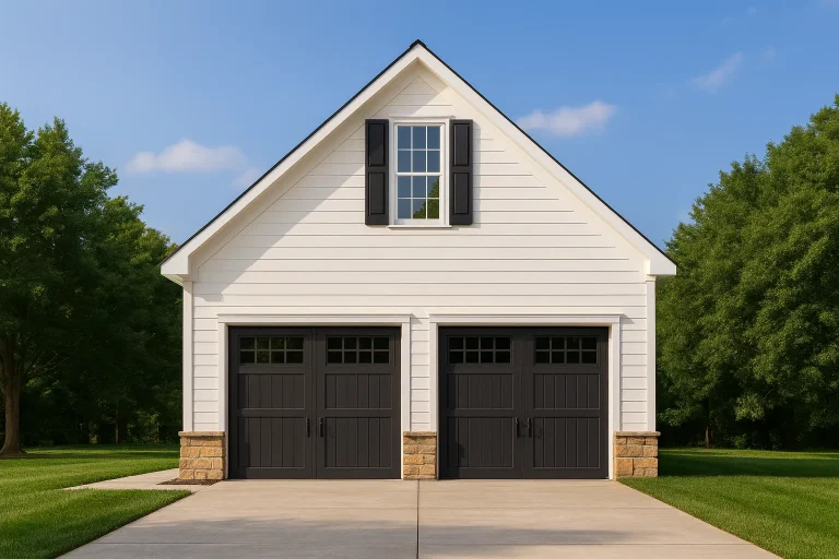 French Country Farmhouse Plans 25 Front view of a Carriage House style two-car garage featuring white board-and-batten siding, stone base accents, black carriage-style doors, and an upper gable window