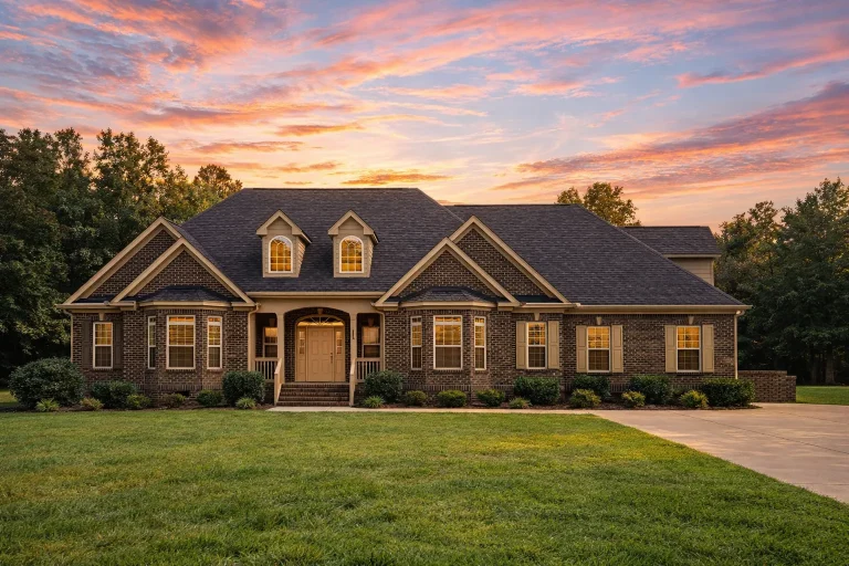 Front elevation of a New American Traditional style home with horizontal siding, stone veneer entry, symmetrical windows, and gabled rooflines