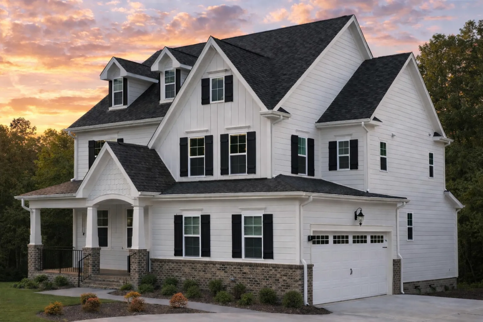 Front elevation of a New American Modern Farmhouse style home featuring board-and-batten siding, stone entry, dormer windows, and a welcoming covered porch