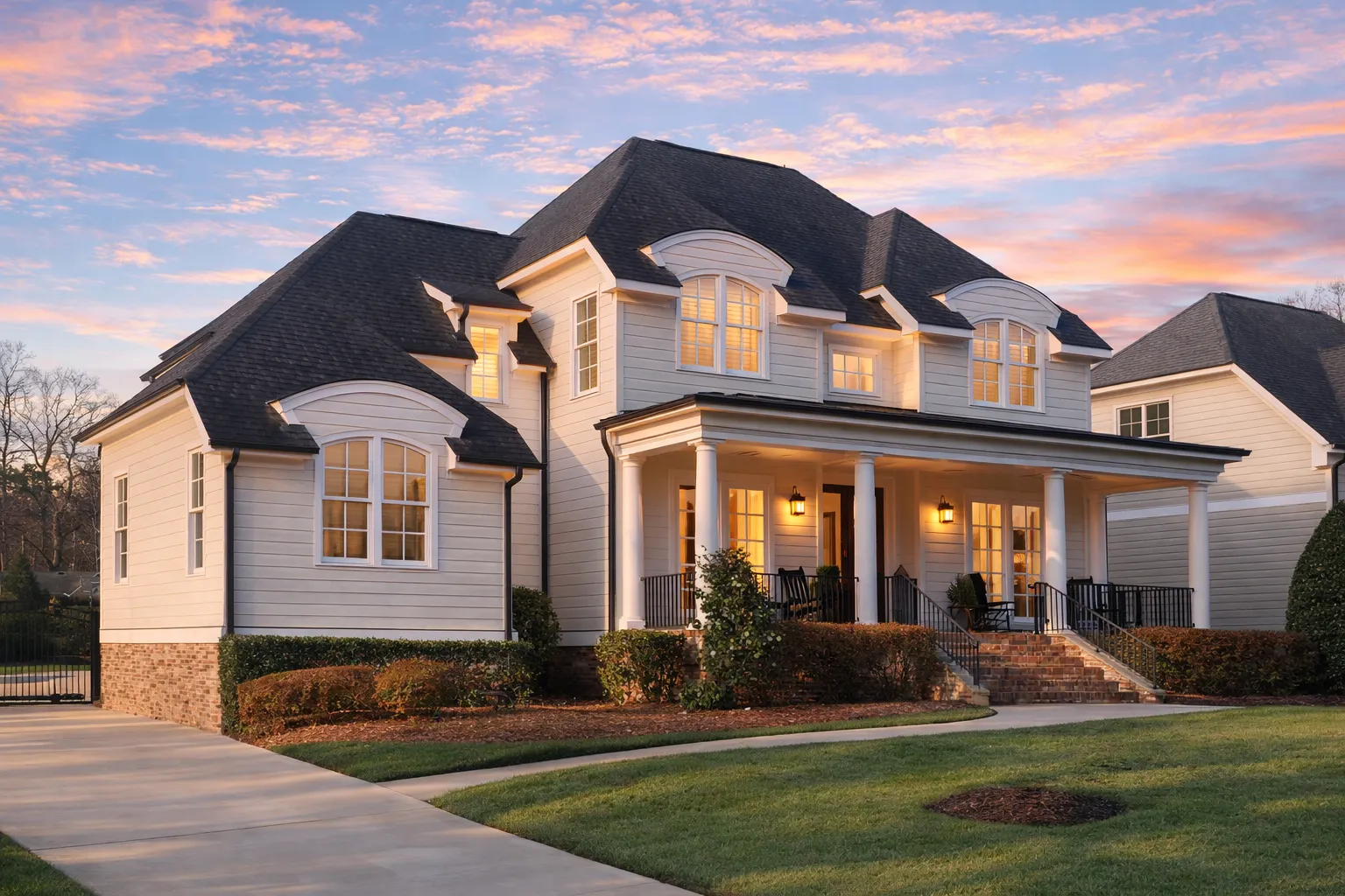 Front exterior of a Traditional Colonial style home with horizontal clapboard siding, symmetrical windows, covered front porch, and brick foundation