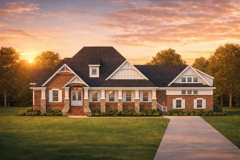 Front elevation of Traditional Colonial brick ranch house with gabled rooflines, white columns, shutters, and covered front porch at sunset