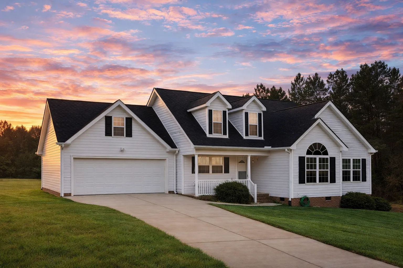 Front elevation of a Traditional Suburban style home featuring horizontal siding, stone accents, dormers, and a welcoming covered front porch
