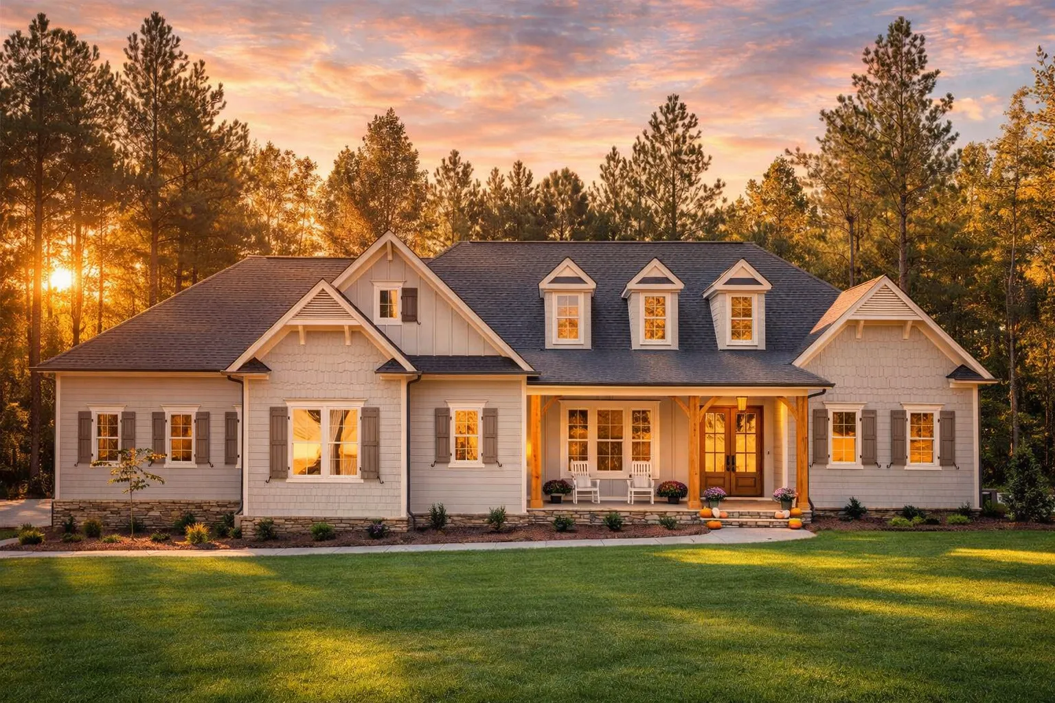 Front exterior of a New American style home with painted brick exterior, symmetrical façade, dormer windows, and Southern Traditional detailing