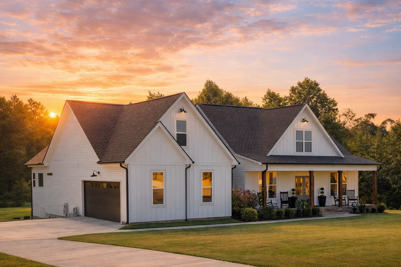 Front view of a Modern Farmhouse with white board and batten siding, stone base accents, and a welcoming covered porch