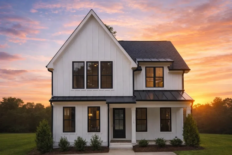 Front exterior view of a New American Modern Farmhouse style home with white board and batten siding, black metal porch roof, symmetrical windows, and covered front porch
