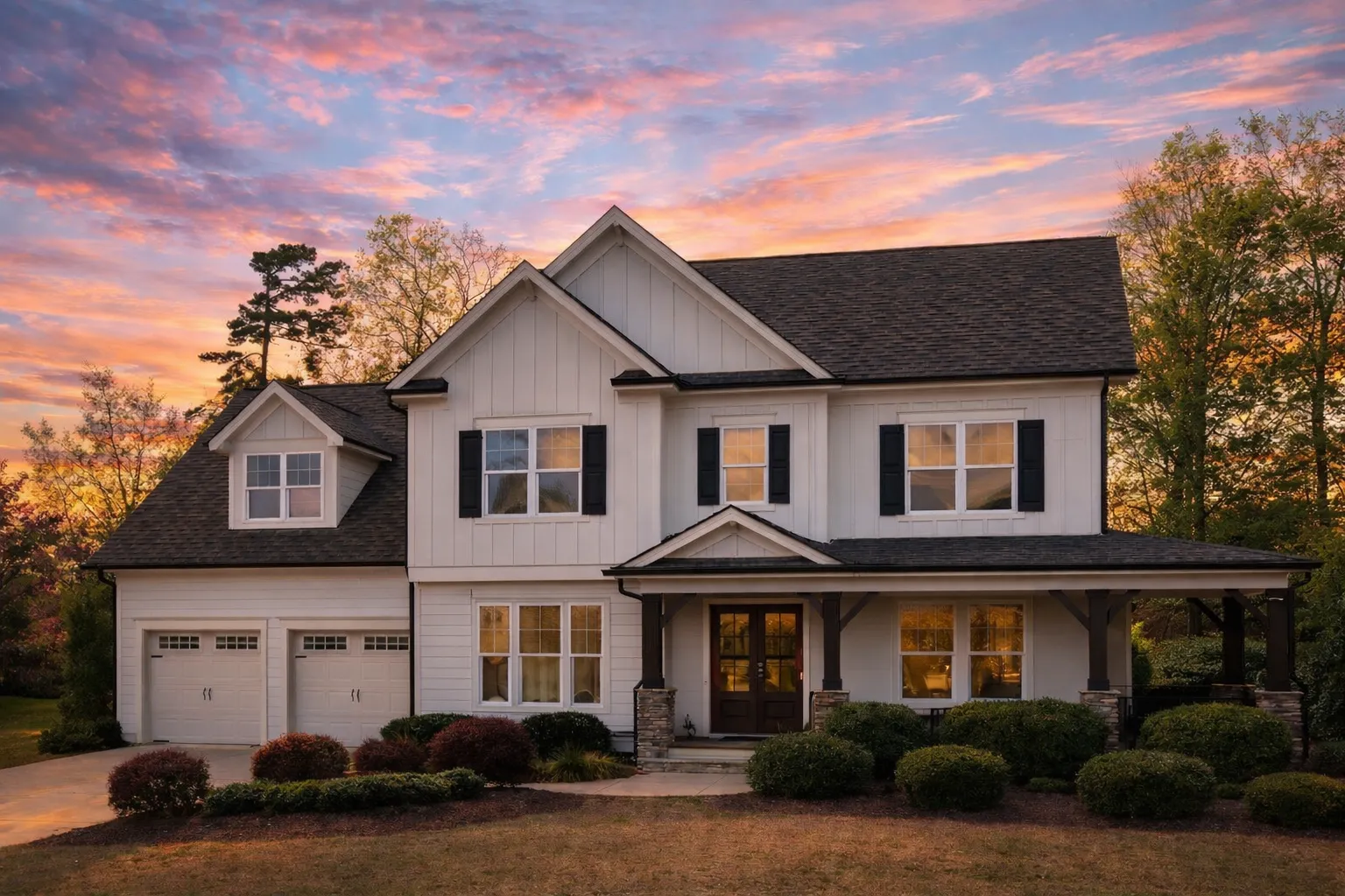 Front elevation of a New American Traditional Suburban style home featuring board and batten siding, brick exterior accents, black shutters, and covered entry porch